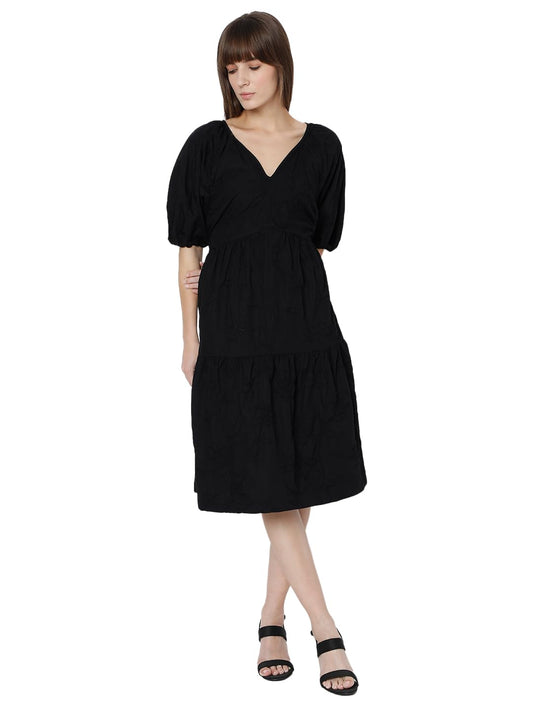 Vero Moda Women's Cotton Blend Fit and Flare Knee-Length Dress (9010103-Jet Black_Jet