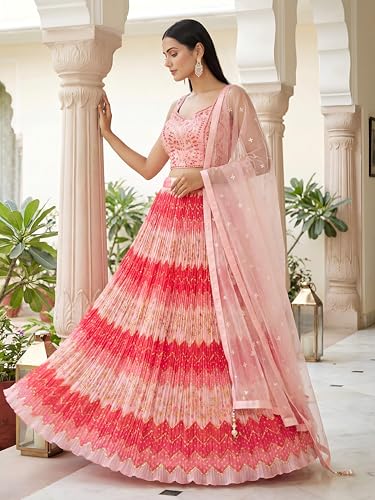 Zeel Clothing Women's Chinon Silk Embroidered Mirror Work Lehenga Choli with Dupatta (115-Pink-Women-Lehenga-Choli-Set; Free Size; Pink)