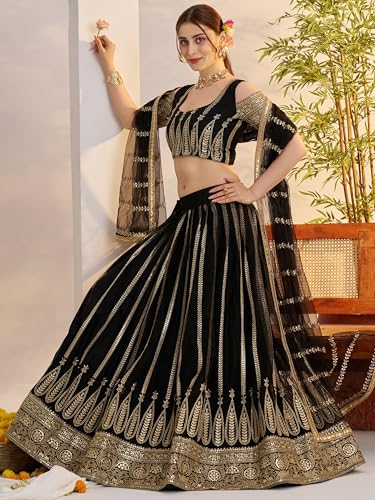 Zeel Clothing Women's Cotton Thread Sequins Work Embroidery Soft Net Lehenga Choli With Dupatta (NFH-2149-Black-Women-Lehenga-Choli; Free size) (Black)
