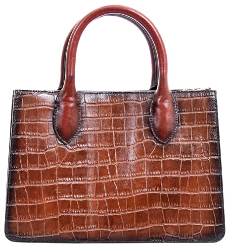 eske Noah Compact Croco Leather Handbag for Women | Italian Leather Satchel with Slider Clasp | 3 Compartments, Zipper & Slip Pockets | Removable Strap & Handles | Small Designer Office Bag (Dark Tan)