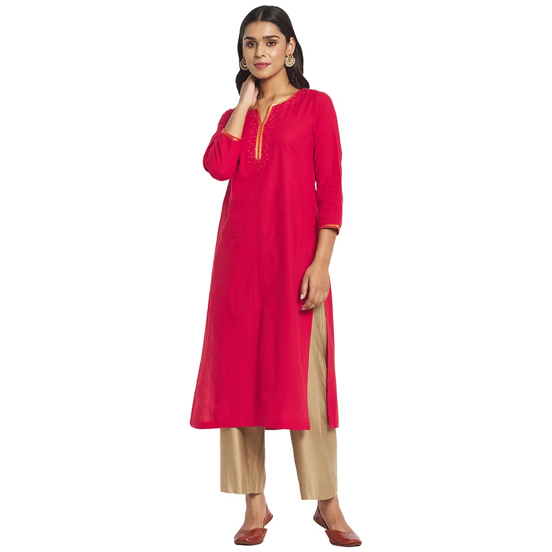 Fabindia Women Cotton Embroidered Long Kurta Red_XL