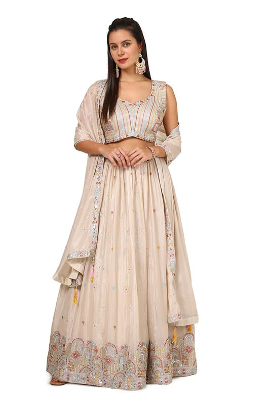 Soch Womens Beige Chinon Blend Embroidered Ghagra Choli With Sequins