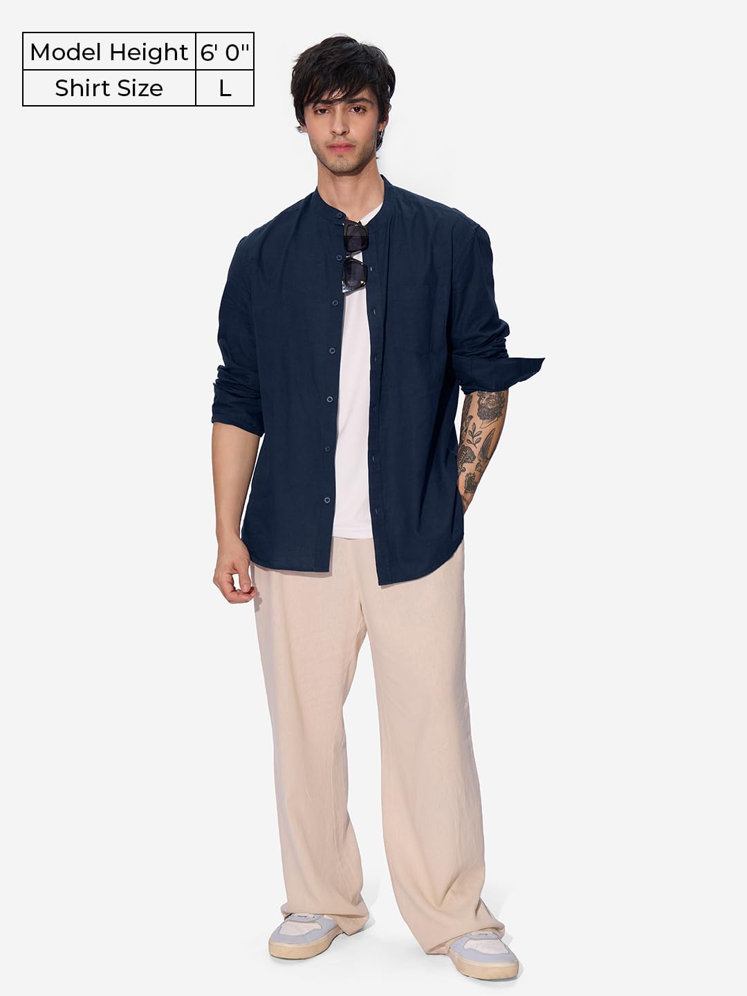 The Souled Store Navy Blue Men and Boys Long Sleeves Mandarian Collared Neck Button Front Regular Fit Cotton Linen Shirts