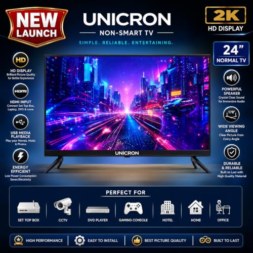 UNICRON 24 Inch HD LED TV Non Smart 20W Sound Output, Premuim Slim Design Crystal Clear Display with HDMI & USB Ports, Ideal for Home, Office & Monitor More