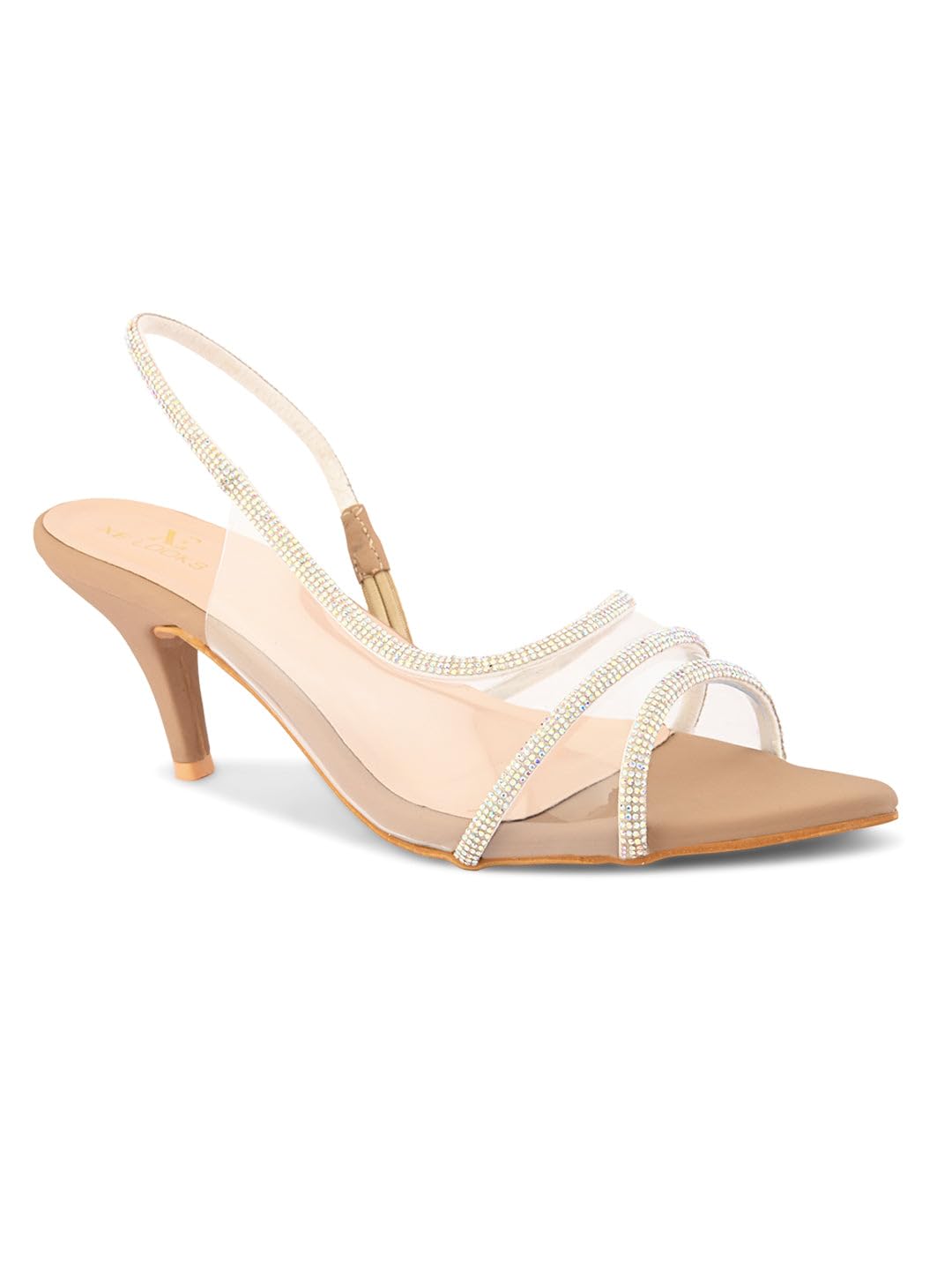 XE Looks Nude Slingback Heels with Clear Straps | Crystal Detailing | Elegant Party Sandals For Girls & Women