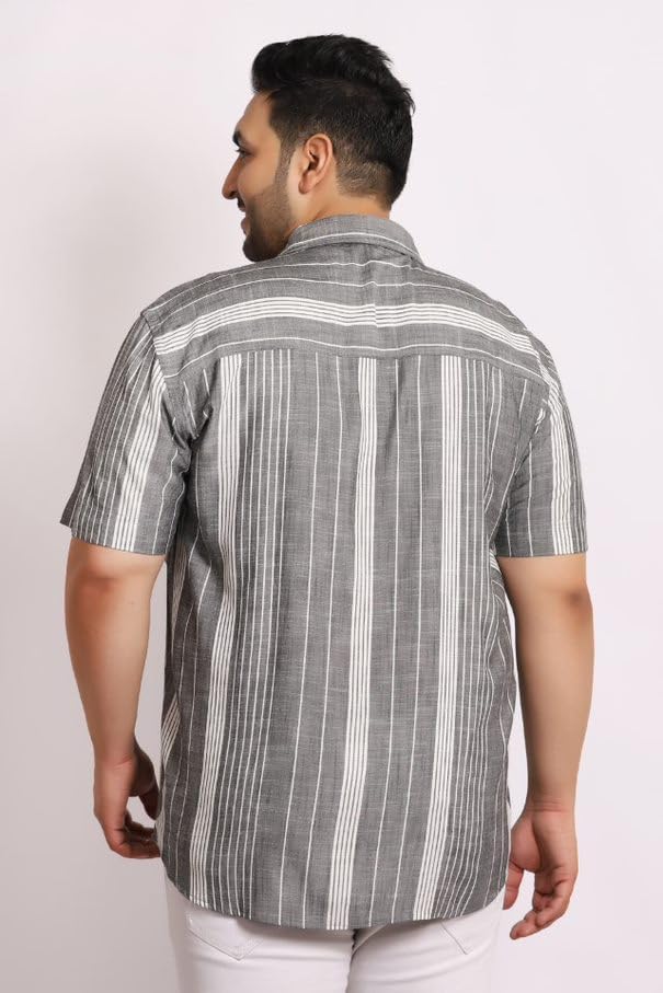 Plus Size White &Black Half Sleeve Cotton/Linen Shirt with Patch Pocket (7XL)