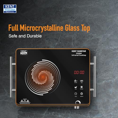 KENT Sunstar Infrared Cooktop 2000W | 3 Preset Menus | Grill Stand to BBQ & Roast | Microcrystalline Glass | Digital Functions with LED Display | Adjustable Temperature Knob | SS Handle |Auto Cut-Off