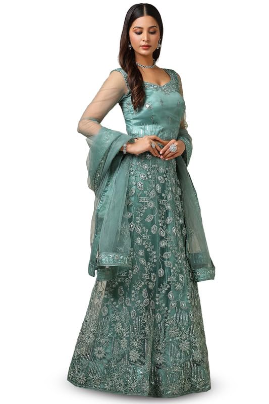 Soch Womens Sap Green Net Embellished Unstitch Ghagra Choli With Stones And Sequins