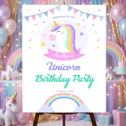 Party Perfect Designs Personalised Unicorn Theme Welcome Board, Rainbow Sparkle Birthday Decor, 3mm & 5mm Sunboard, Multiple Sizes & Multi Colour Designs Available (Unicorn Rainbow)