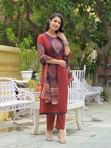 Divena Maroon Cotton Round neck Yoke work kurta Pant Set With Dupatta
