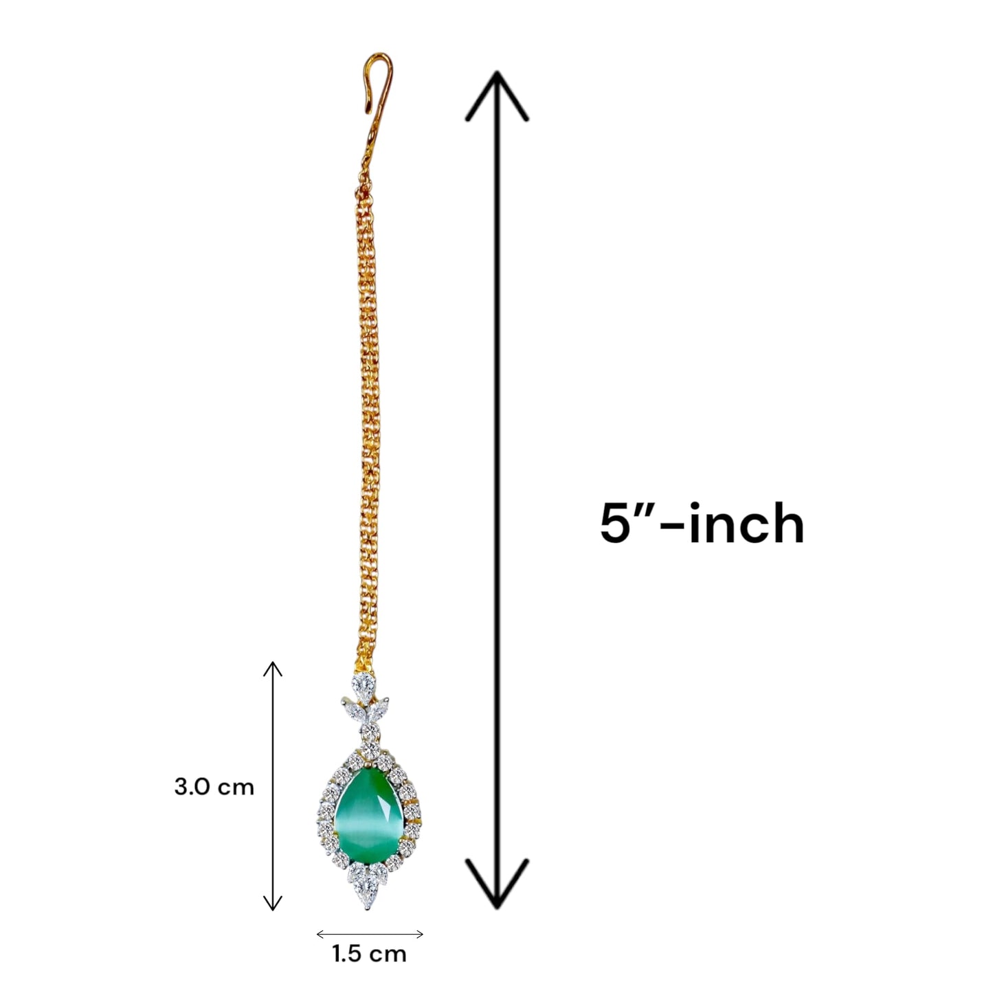 Traditional Indian Maang Tikka, Gold-Plated Chain American Diamond CZ Stones For Girls and Women (Mint Diamond)