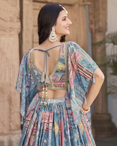 Zeel Clothing Women's Digital Print with Zari Dori Embroidery Work Chinnon Silk Lehenga Choli With Dupatta (7050-Women-Lehenga-Choli-New; Free size) (SkyBlue)