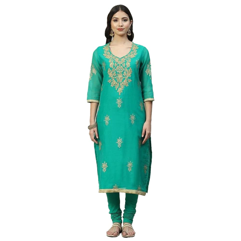 Biba Cotton Women Printed Fitted Salwar Kurta Dupatta(Skdassorted7716_Green_34)