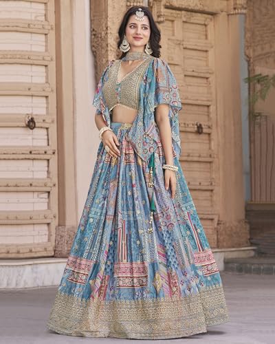 Zeel Clothing Women's Digital Print with Zari Dori Embroidery Work Chinnon Silk Lehenga Choli With Dupatta (7050-Women-Lehenga-Choli-New; Free size) (SkyBlue)
