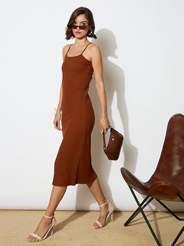 barcino Brown Rib Strappy Slip-on Dress