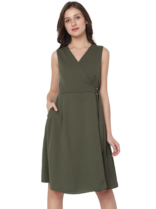Vero Moda Women's Polyester A-Line Knee-Length Dress (10299655-Pale Olive Green_Pale M)