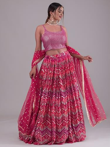 Zeel Clothing Women's Digital Print with Thread, Sequins Embroidered Work Georgette Lehenga Choli With Dupatta (5092-Pink-Women-Lehenga-Choli-Latest; Free size) (Pink)