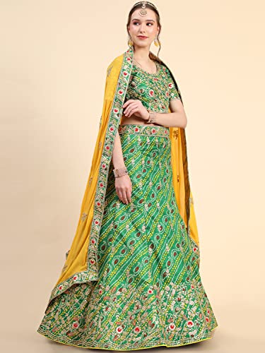 leeza store Women's Bollywood Style Silk Blend Bandhani Printed Zari And Sequins Embroidery Work Lehenga Choli With Dupatta