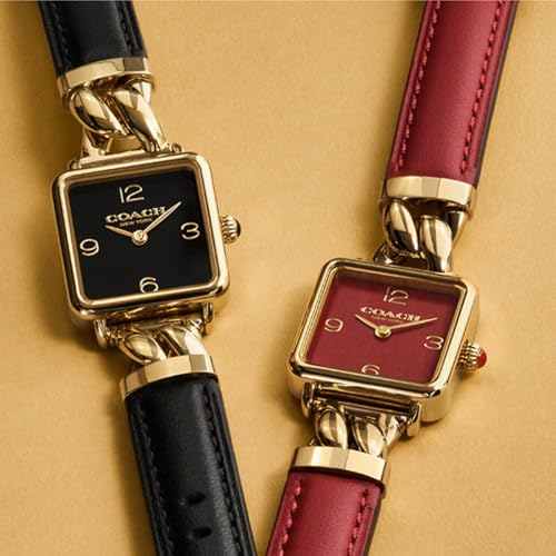 Coach Cass Qtz Basic Slim Blush Square Dial Women's Watch|Ionic Plated Carnation Gold Steel & Blush Calfskin Material|Gold Color Band - 14504357