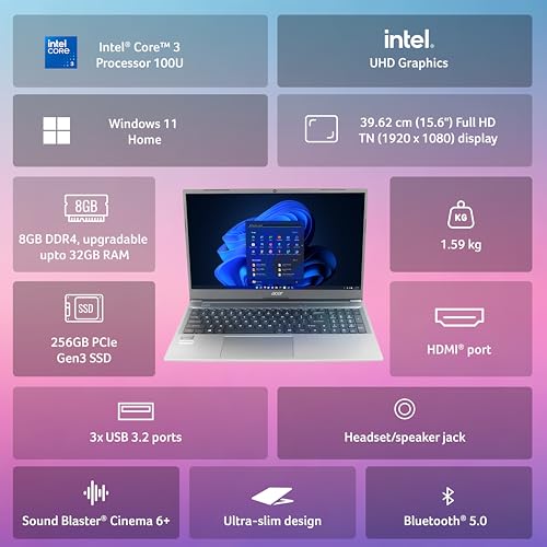 Acer Aspire Lite Intel Core 3-100U Processor, Office 2024 + M365 Basic, 8GB RAM/512GB SSD, 15.6"/39.62 cm, FHD IPS Display,Win 11 Home, Steel Grey, 1.59Kg, AL15-53, Thin and Light Laptop