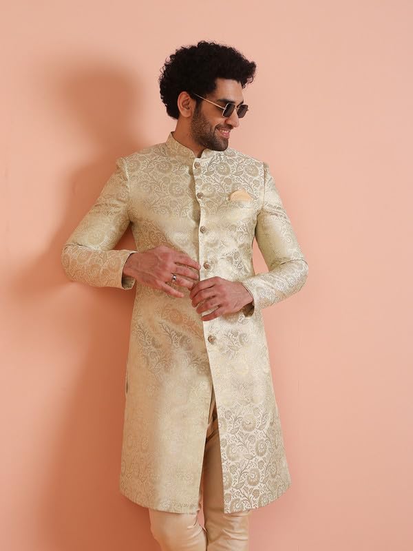 KISAH Men's Indo-Western Sherwani, Green Silk Blend, Woven Design Regular Fit Mandarin Collar Long Sleeves