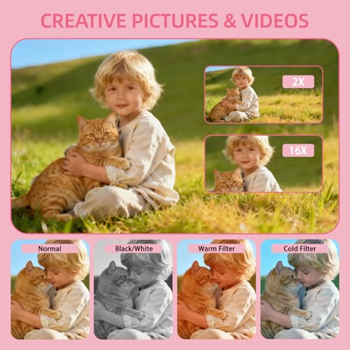 Digital Camera for Kids & Beginners, 4K Digital Camera with 64GB SD Card 16X Zoom Anti-Shake, Compact Point and Shoot Camera with 2.8" Screen, Portable Small Camera for Students, Travel & Gifts Pink