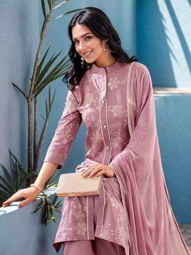 V4M Women's Lavender Pure Cotton Embroidered Floral Printed Straight Kurta Set With Dupatta