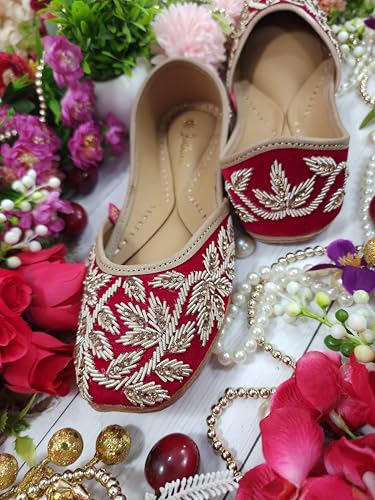 Fulkari Women Iris Velvet Magenta Gold Formal Genuine Soft Leather Jutis | Bite and Pinch Free Juttis | Punjabi Jutti | Girl's Wedding Flat Ladies Mojari Ethnic Juti | 42