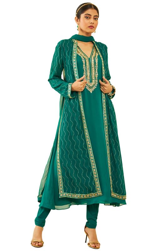 Soch Womens Green Georgette Floral Embroidered Chudidar Suit Set with Stonework(OWS2CD2108A)