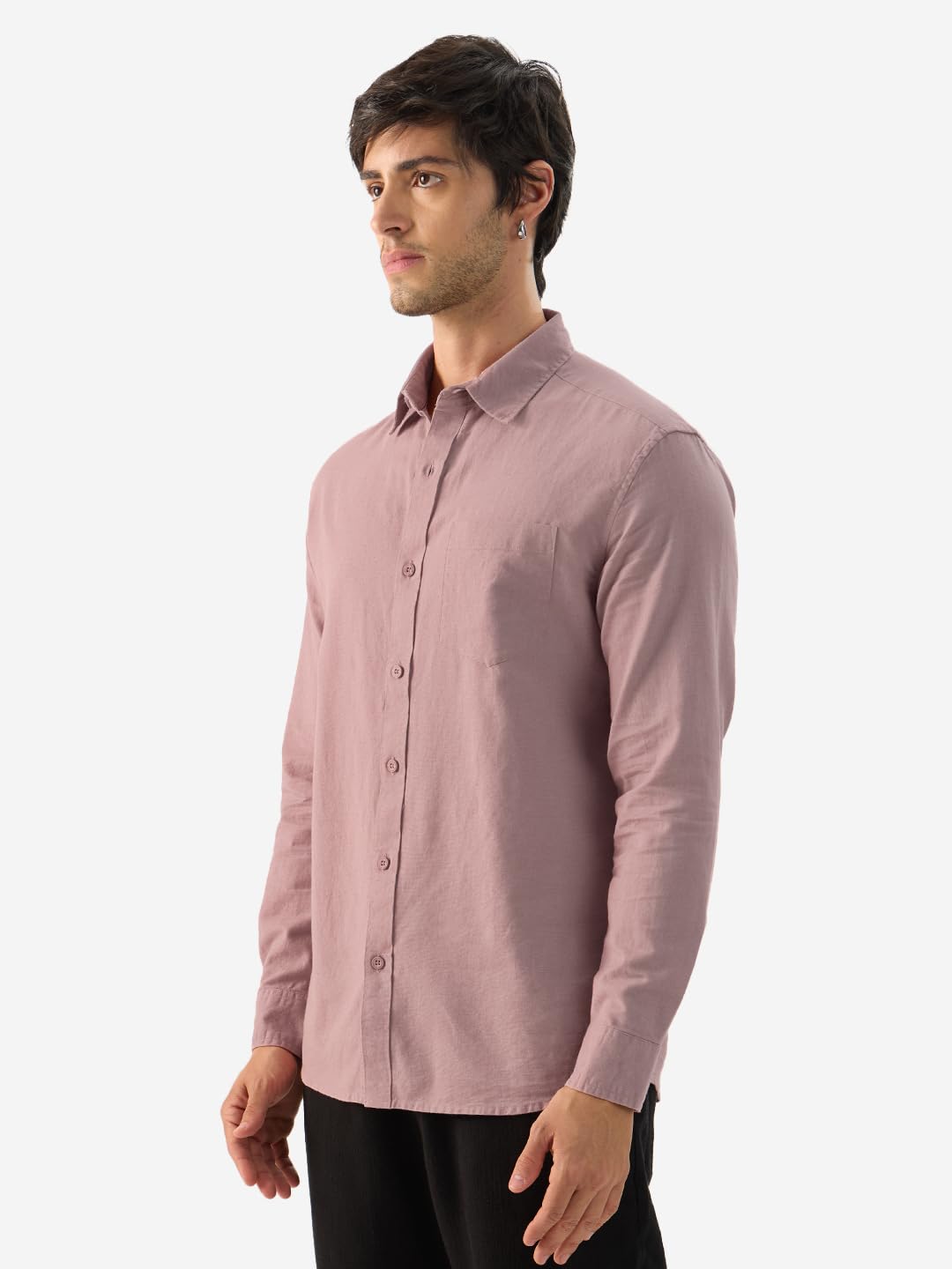 The Souled Store Soft Pink Men and Boys Collared Neck Long Sleeve Button Front Solid Regular Fit Cotton Linen Shirts
