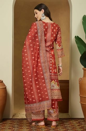 Janasya Women's Rust Orange Cotton Blend Floral Printed Pakistani Straight Kurta Set (JAC25ST02970-XL)