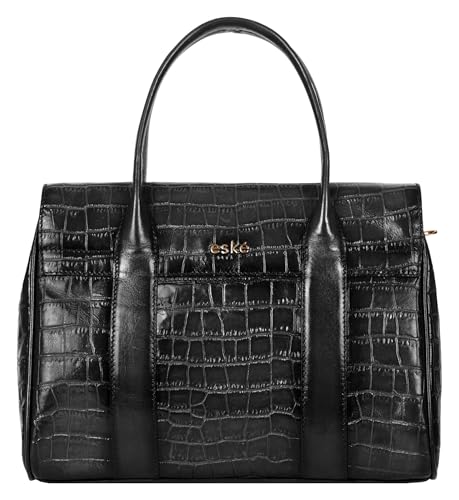 eske Noah Flap Handbag for Women Genuine Leather Satchel with Twist Lock Closure Dual Handles Detachable Sling Strap 1 Compartment Zipper and Slip Pockets Office Purse (Black)