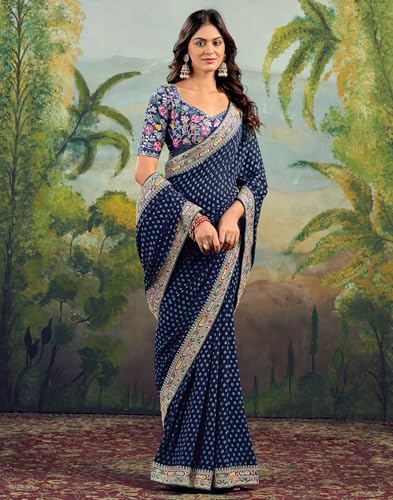 SIRIL Women's Georgette Bandhani Sequence Embroidery Saree With Unstitched Blouse Piece (4115S906_Blue)