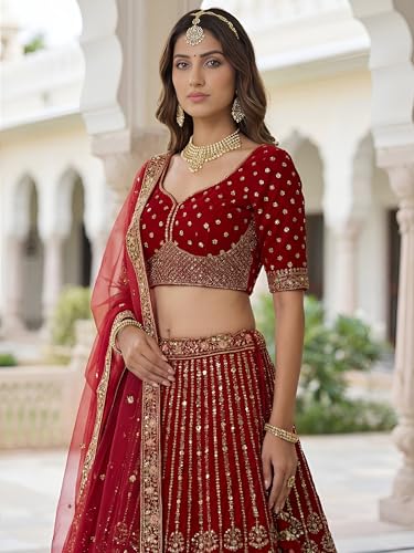 Zeel Clothing Women's Zari, Dori, and Resham With Sequins Embroidered Work Organza Lehenga Choli With Dupatta (5113-Maroon-Women-Lehenga-Choli-Latest; Free size)