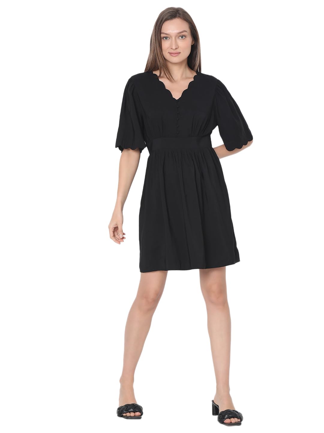 Vero Moda Women's Viscose Fit and Flare Above The Knee Dress (10305676- Black
