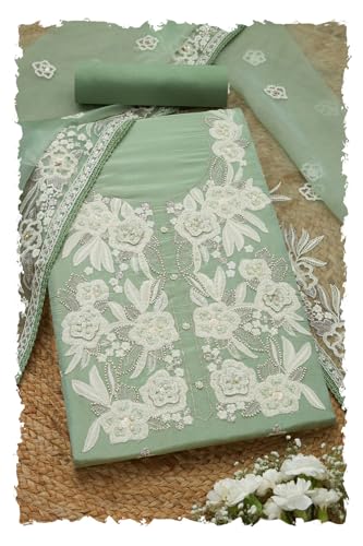 Soch Womens Sap Green Tissue Shimmer Embroidered Unstitch Dress Material