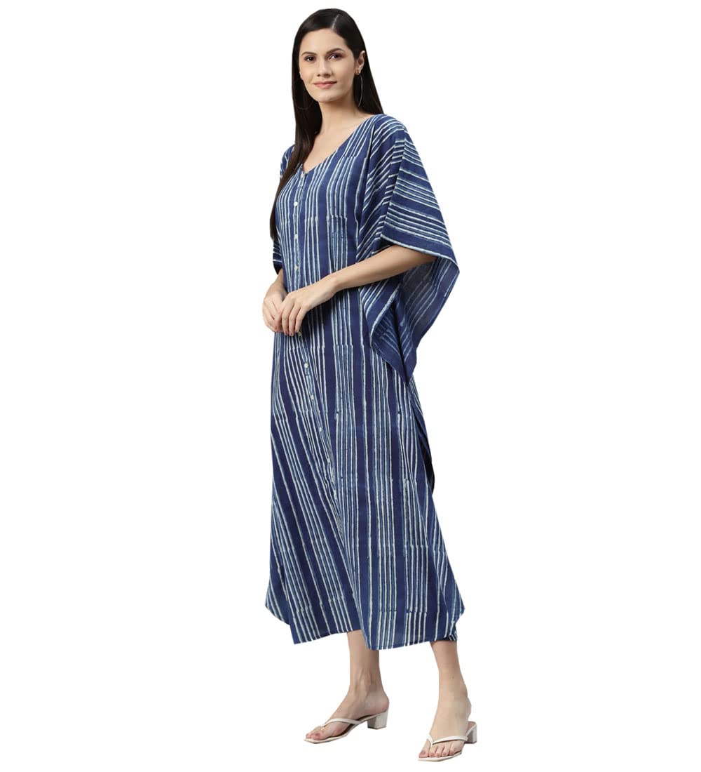 Divena Blue Hand Block Printed Striped Kaftan Dress
