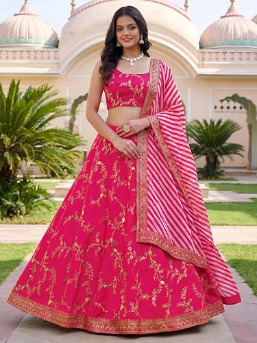 Zeel Clothing Women's Sequins Thread Embroidered Silk Lehenga Choli With Dupatta (7025-Pink-Women-Lehenga-Choli-Set, Free size)