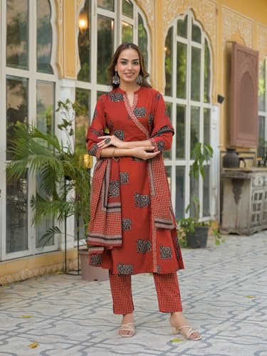 Divena Red Animal Print Cotton A-Line Kurta Pant with Dupatta