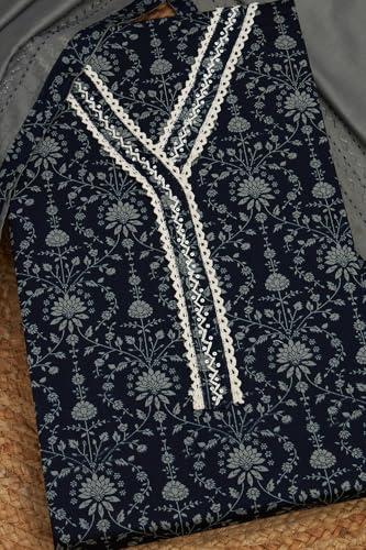 Soch Womens Navy Blue Jam Cotton Floral Print Unstitch Dress Material With Thread Work