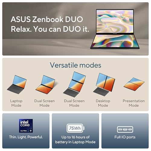 ASUS Zenbook Duo Laptop, Dual 14” OLED 3K 120Hz Touch Display, Intel Evo Certified, Intel Core Ultra 9 285H, Intel Arc Graphics, 32GB RAM, 1TB SSD, Windows 11, Inkwell Gray, UX8406CA-PS99T