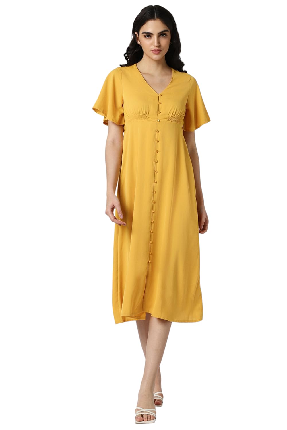 Van Heusen Women's Polyester Asymmetrical Calf Length Dress (VWDRFRGFG21143_Yellow