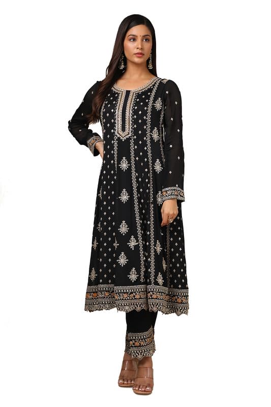Soch Womens Black Chinon Embroidered Anarkali Suit Set With Sequins