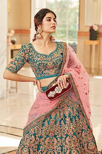 Zeel Clothing Teal Heavy Embroidered Velvet Semi-Stitched Lehenga Choli For Women (7419-Teal-Wedding-Bridal-Latest-New; Teal_Free Size)