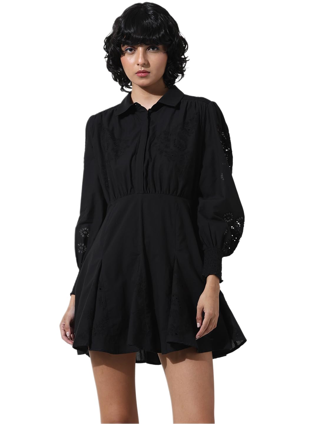 ONLY Women Self Design Black Cotton Mini Length Fit and Flare Dress