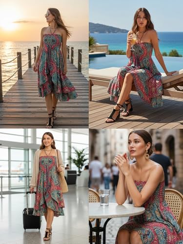 KE KANHA EXPORTS Convertible Dress|Boho Dress for Women|Beach Wear |Border Print 3 Way Tube Halter Skirt Style|Multicolor|Easily fits S-M-L|Bust 28-46 Inches Length 38 Inches