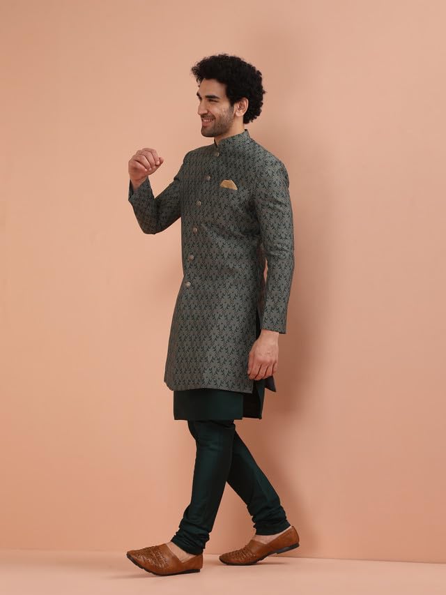KISAH Men Grey Jacquard Kurta Indowestern Sherwani Churidar Set with Floral, 38