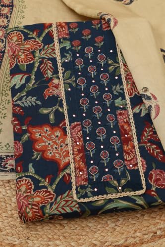 Soch Womens Navy Blue Cotton Botanical Dress Material With French Knot and Faux Mirror