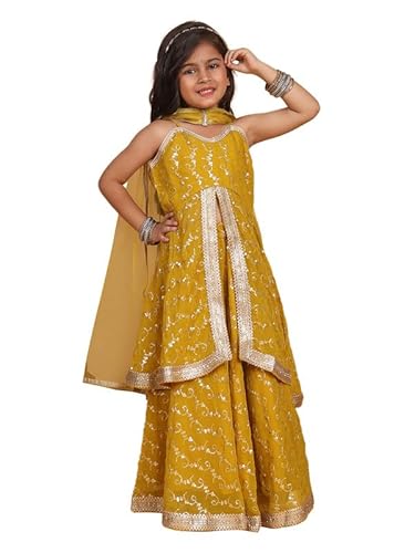 superminis Girls Georgette Sequins Embroidery Sleeveless Lehenga Choli with Net Dupatta Ethnic Wear Set (4-5 Years, Mustard)
