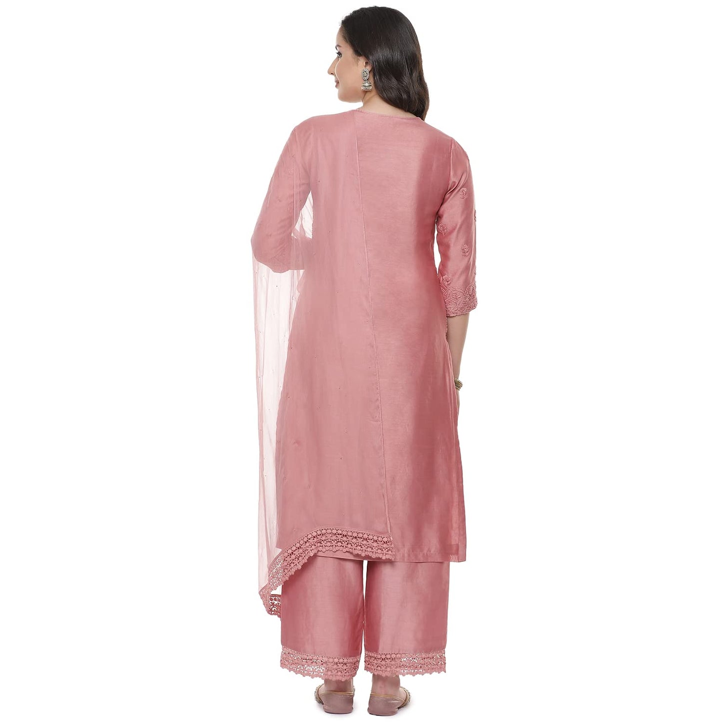 BIBA WOMEN EMBROIDERY STRAIGHT SALWAR KURTA DUPATTA(SKDCHIKANKA7220_ONION PINK_42)